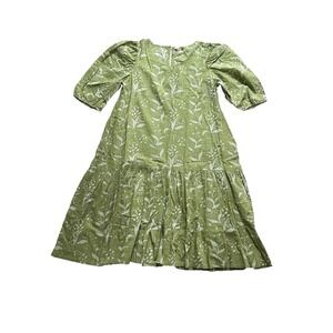 MATTA NWT Dress XS Green Block Print Cotton Puff Sleeve Made In India Boho